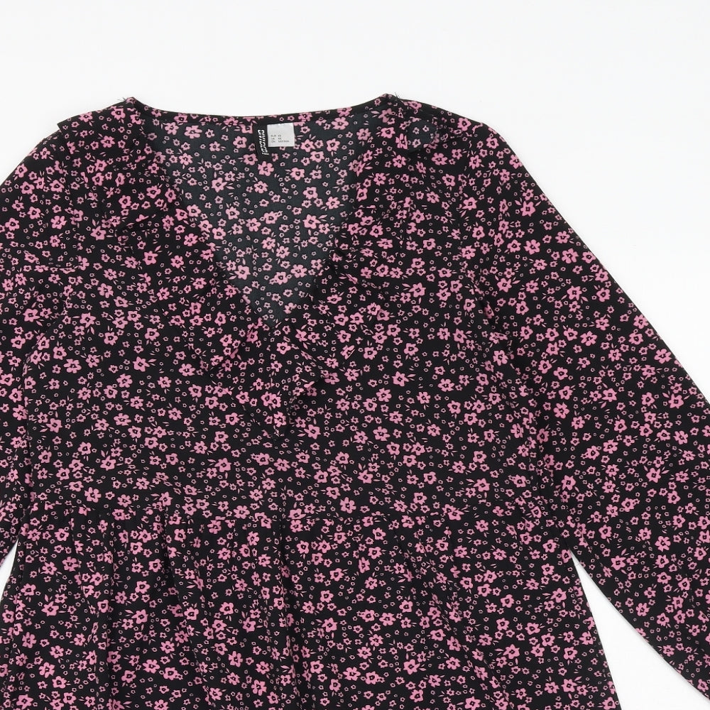 H&M Womens Black Floral Polyester A-Line Size XS V-Neck Pullover