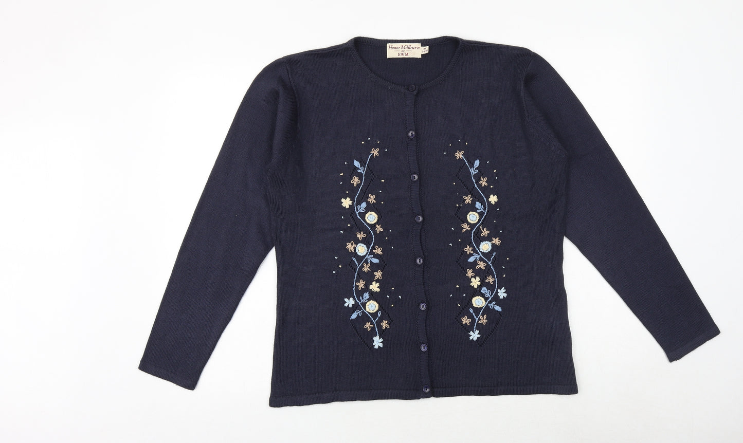 EWM Womens Blue Round Neck Acrylic Cardigan Jumper Size M - Size 14-16