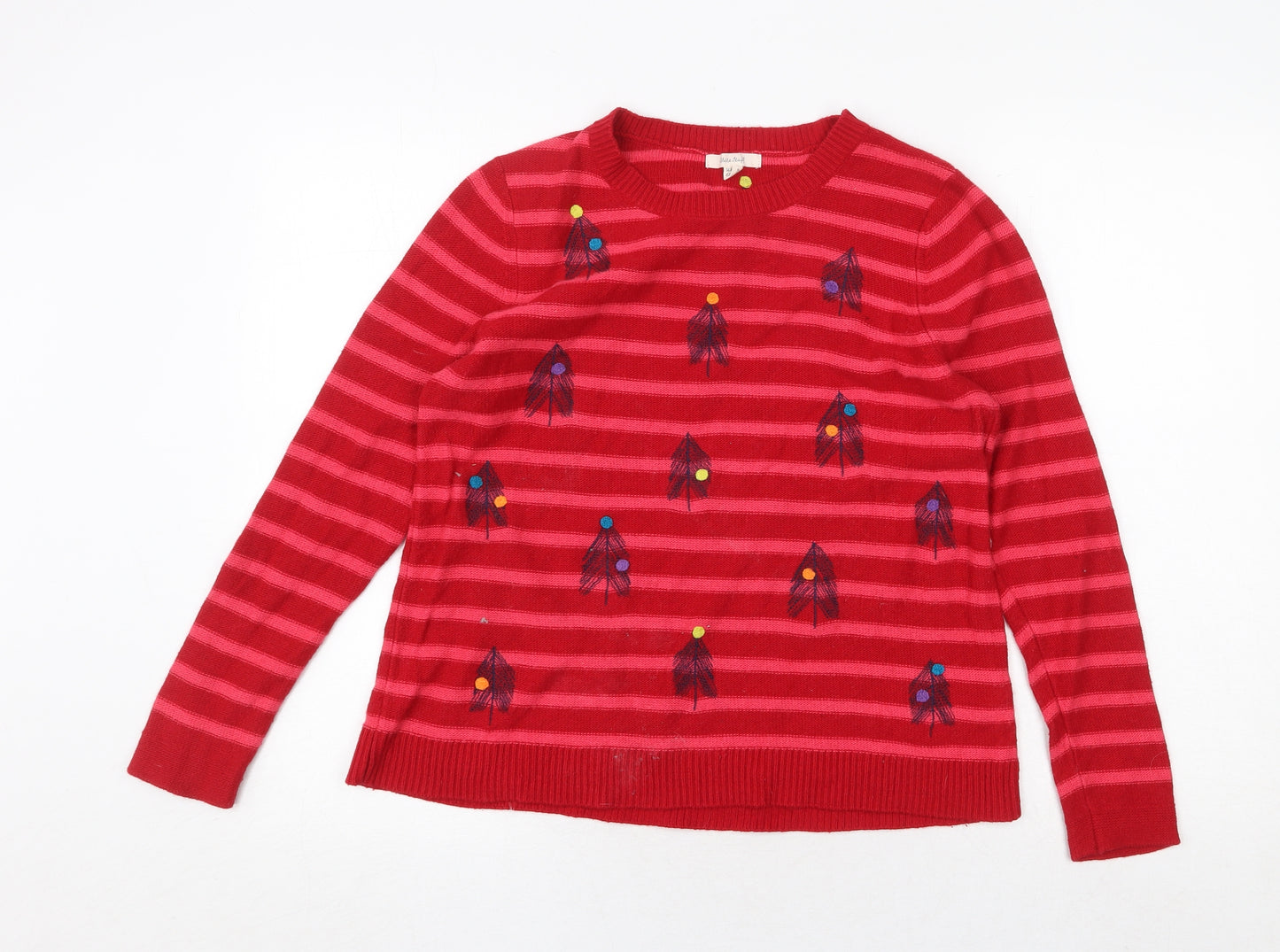 White Stuff Womens Red Round Neck Striped Cotton Pullover Jumper Size 14 - Tree Pattern