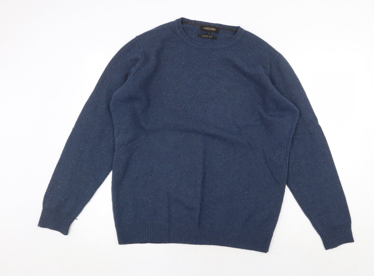 Austin Reed Mens Blue Round Neck Geometric Wool Pullover Jumper Size M Long Sleeve
