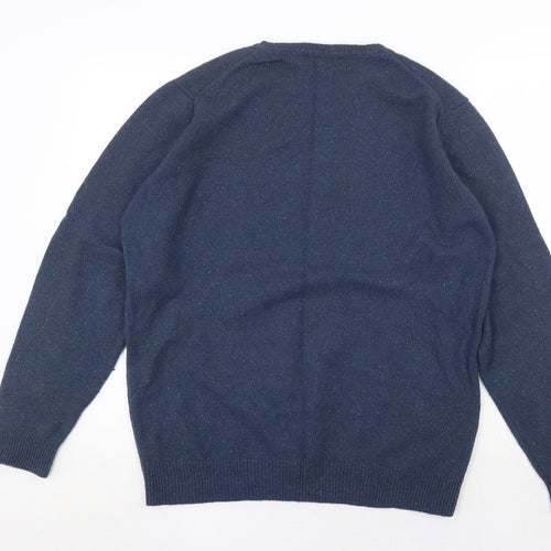 Austin Reed Mens Blue Round Neck Geometric Wool Pullover Jumper Size M Long Sleeve
