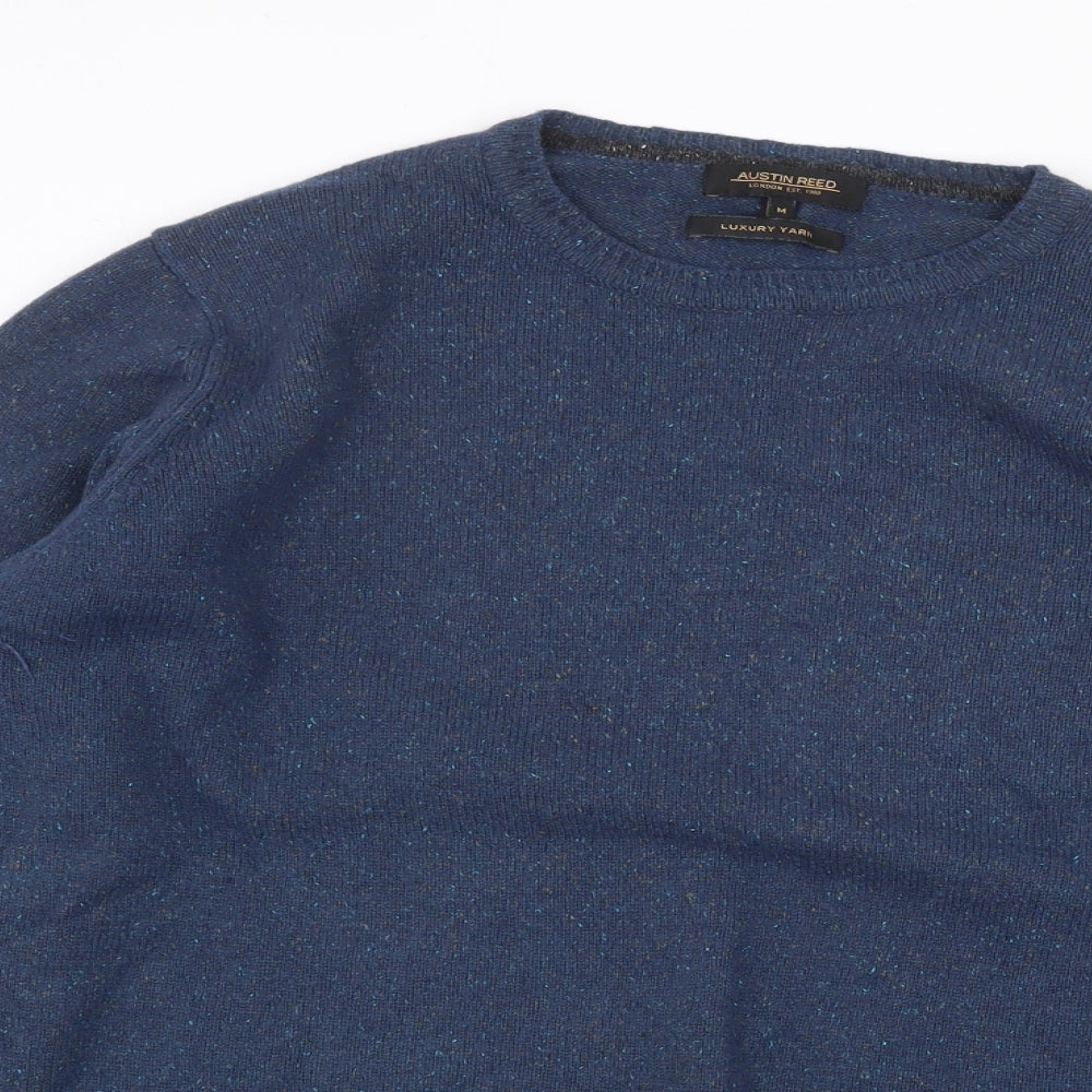 Austin Reed Mens Blue Round Neck Geometric Wool Pullover Jumper Size M Long Sleeve