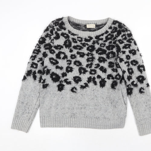 Marks and Spencer Womens Grey Boat Neck Animal Print Polyamide Pullover Jumper Size 12 - Leopard Pattern