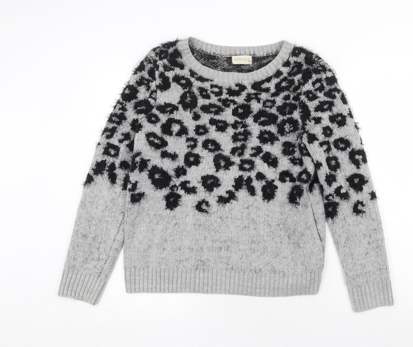 Marks and Spencer Womens Grey Boat Neck Animal Print Polyamide Pullover Jumper Size 12 - Leopard Pattern