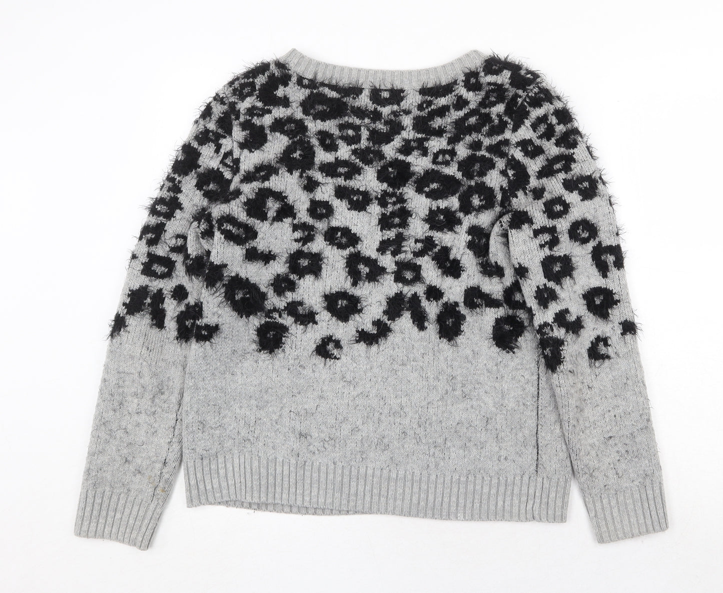 Marks and Spencer Womens Grey Boat Neck Animal Print Polyamide Pullover Jumper Size 12 - Leopard Pattern
