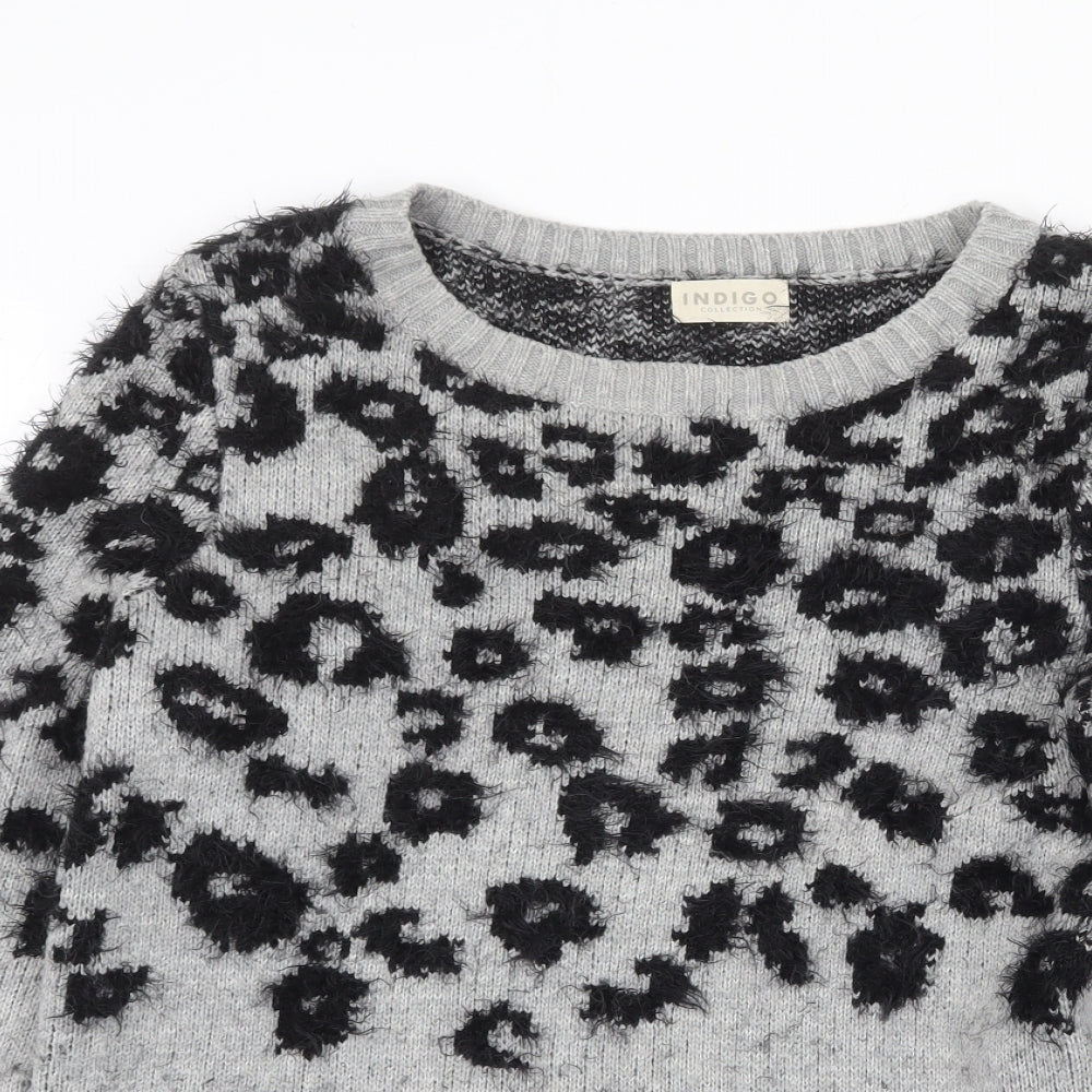 Marks and Spencer Womens Grey Boat Neck Animal Print Polyamide Pullover Jumper Size 12 - Leopard Pattern
