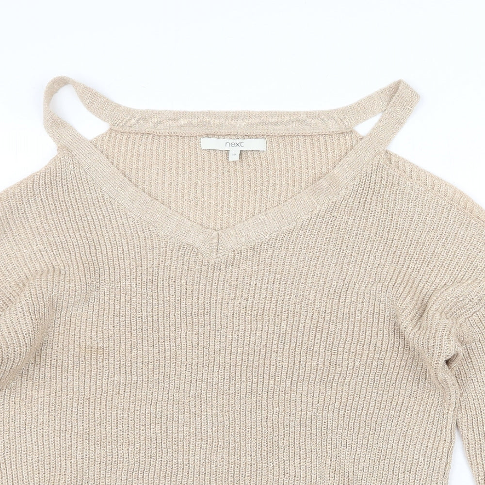 NEXT Womens Beige V-Neck Acrylic Pullover Jumper Size 10