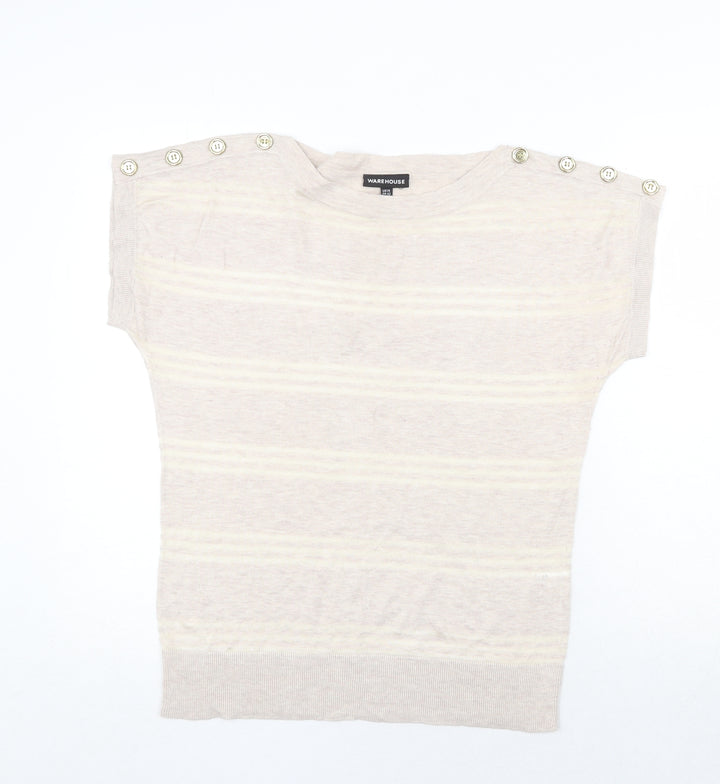 Warehouse Womens Beige Round Neck Striped Viscose Pullover Jumper Size 14