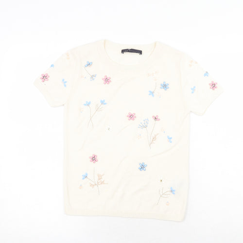 Marks and Spencer Womens Ivory Round Neck Floral Acrylic Pullover Jumper Size 8