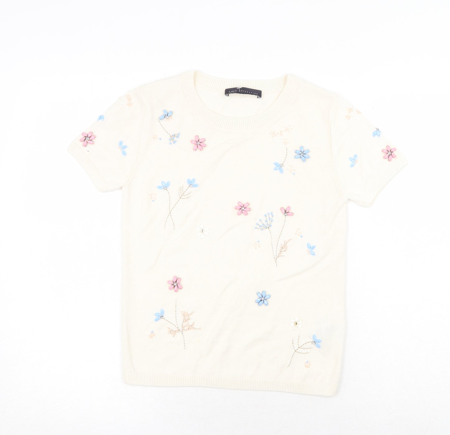 Marks and Spencer Womens Ivory Round Neck Floral Acrylic Pullover Jumper Size 8