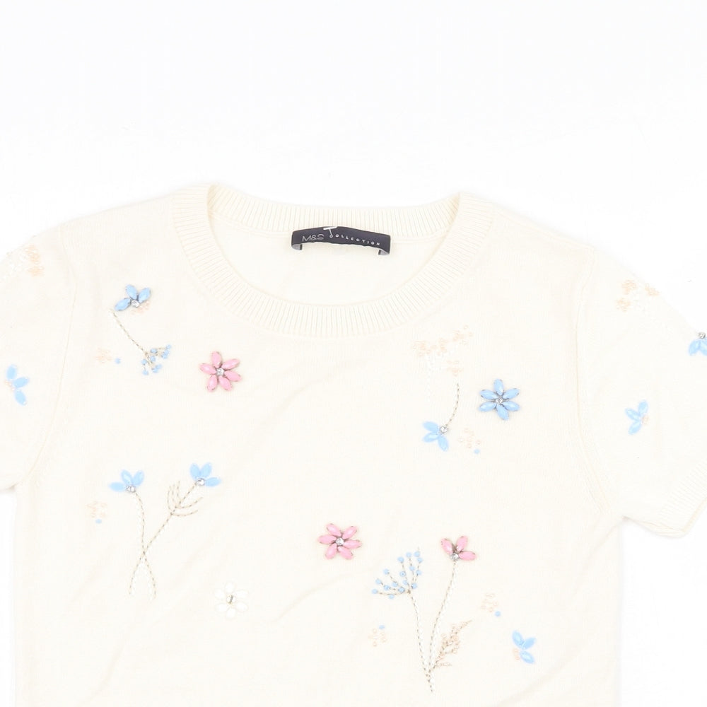 Marks and Spencer Womens Ivory Round Neck Floral Acrylic Pullover Jumper Size 8