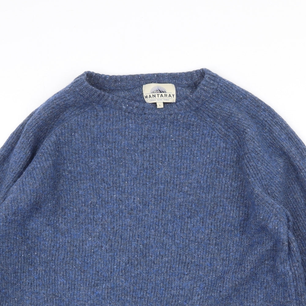 MANTARAY PRODUCTS Mens Blue Round Neck Wool Pullover Jumper Size L Long Sleeve