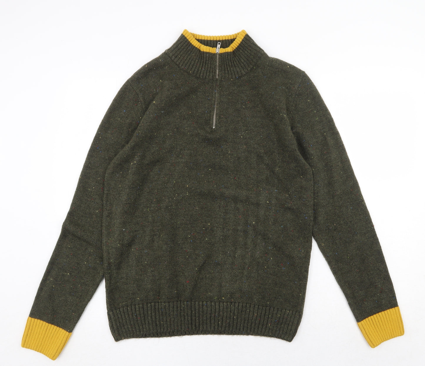 Spring Mens Green Mock Neck Geometric Wool Pullover Jumper Size XL Long Sleeve