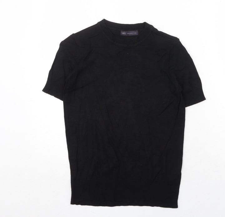 Marks and Spencer Womens Black Herringbone Viscose Basic T-Shirt Size 6 Round Neck