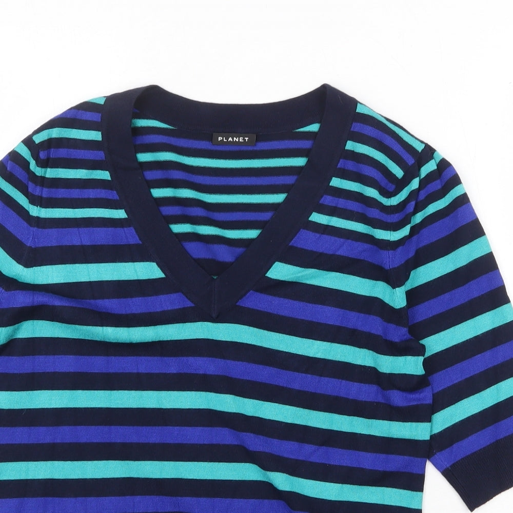 Planet Womens Multicoloured V-Neck Striped Viscose Pullover Jumper Size S