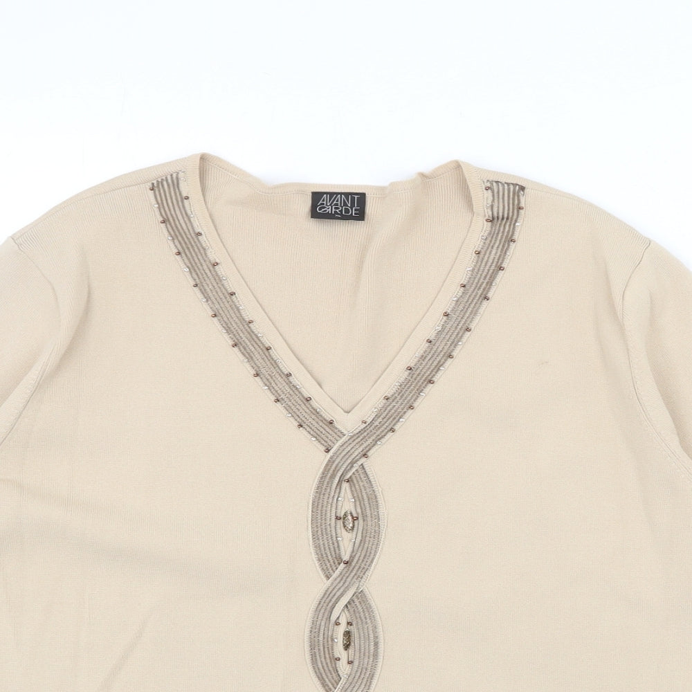 Avant Garde Womens Beige V-Neck Acrylic Pullover Jumper Size XL