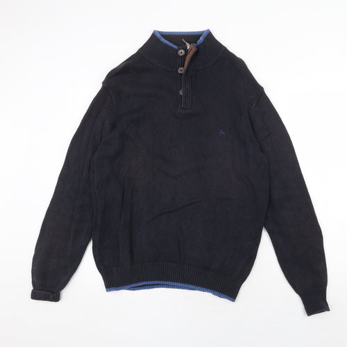 J.Hampton Mens Blue High Neck Cotton Henley Jumper Size M Long Sleeve - Elbow Patches
