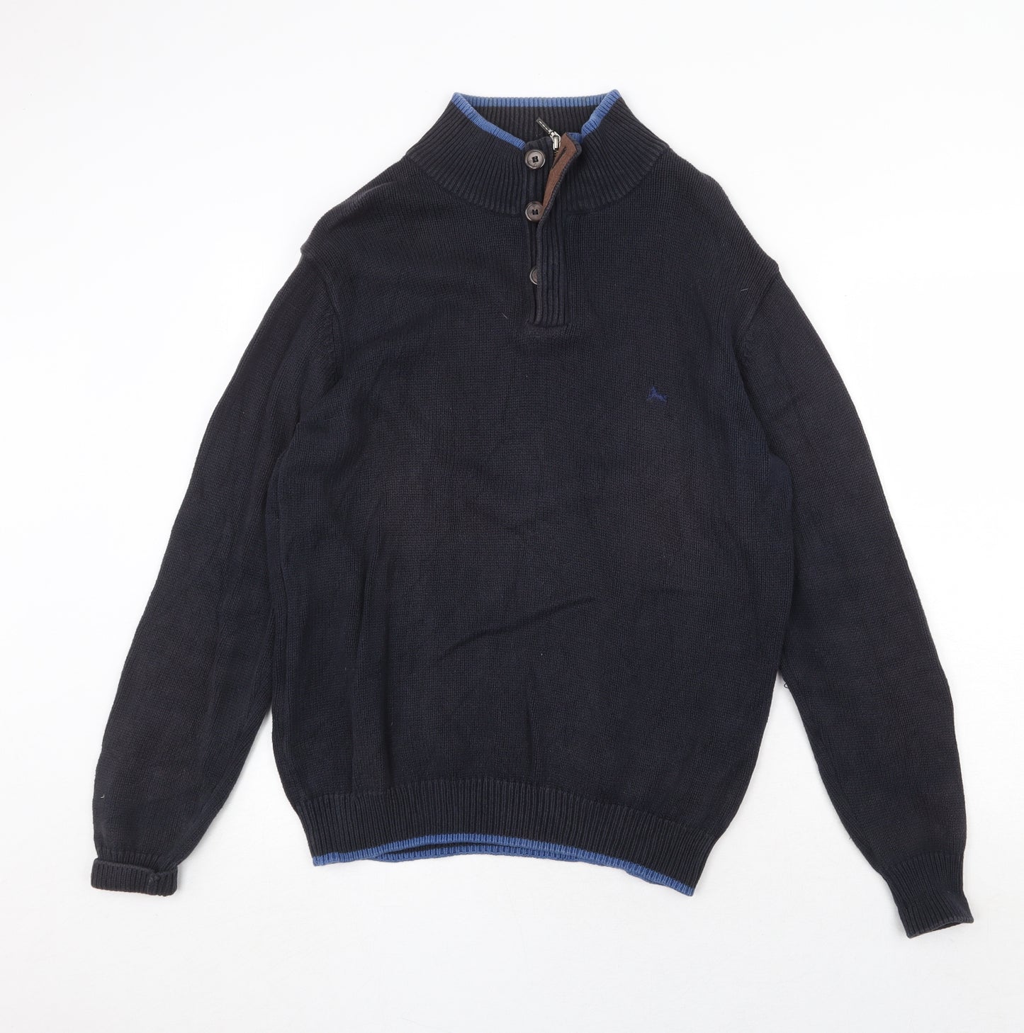 J.Hampton Mens Blue High Neck Cotton Henley Jumper Size M Long Sleeve - Elbow Patches