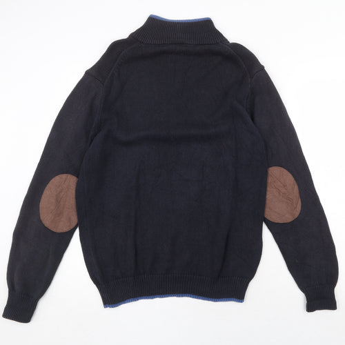 J.Hampton Mens Blue High Neck Cotton Henley Jumper Size M Long Sleeve - Elbow Patches