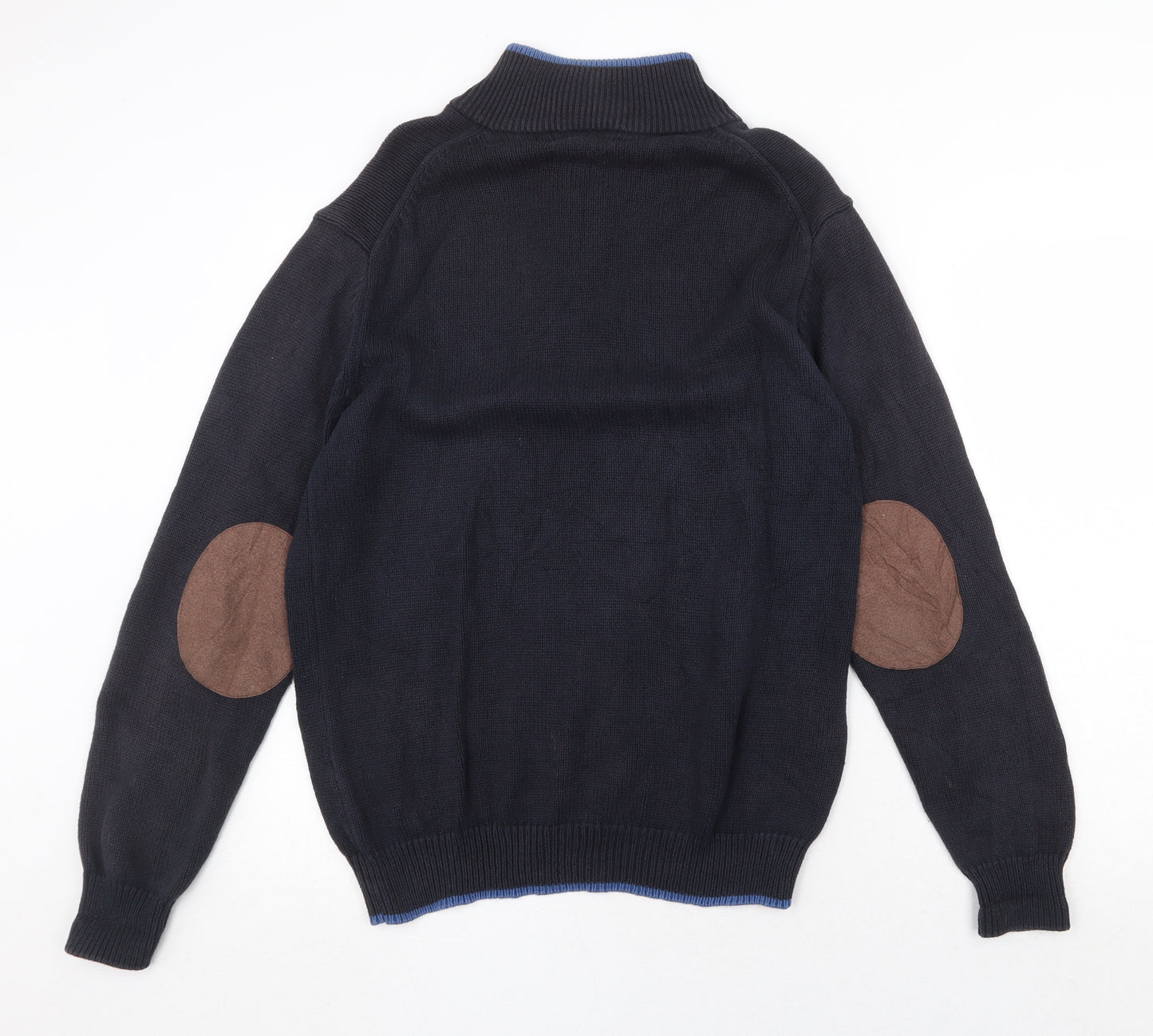 J.Hampton Mens Blue High Neck Cotton Henley Jumper Size M Long Sleeve - Elbow Patches
