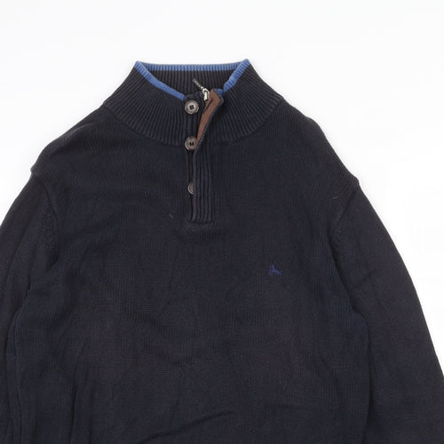 J.Hampton Mens Blue High Neck Cotton Henley Jumper Size M Long Sleeve - Elbow Patches