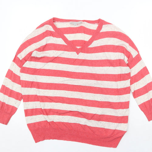 New Look Womens Red V-Neck Striped Cotton Pullover Jumper Size M