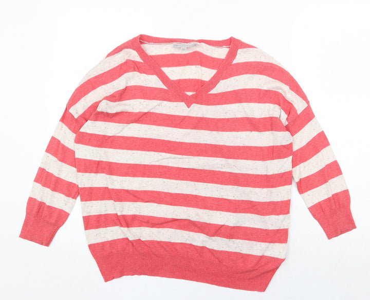 New Look Womens Red V-Neck Striped Cotton Pullover Jumper Size M