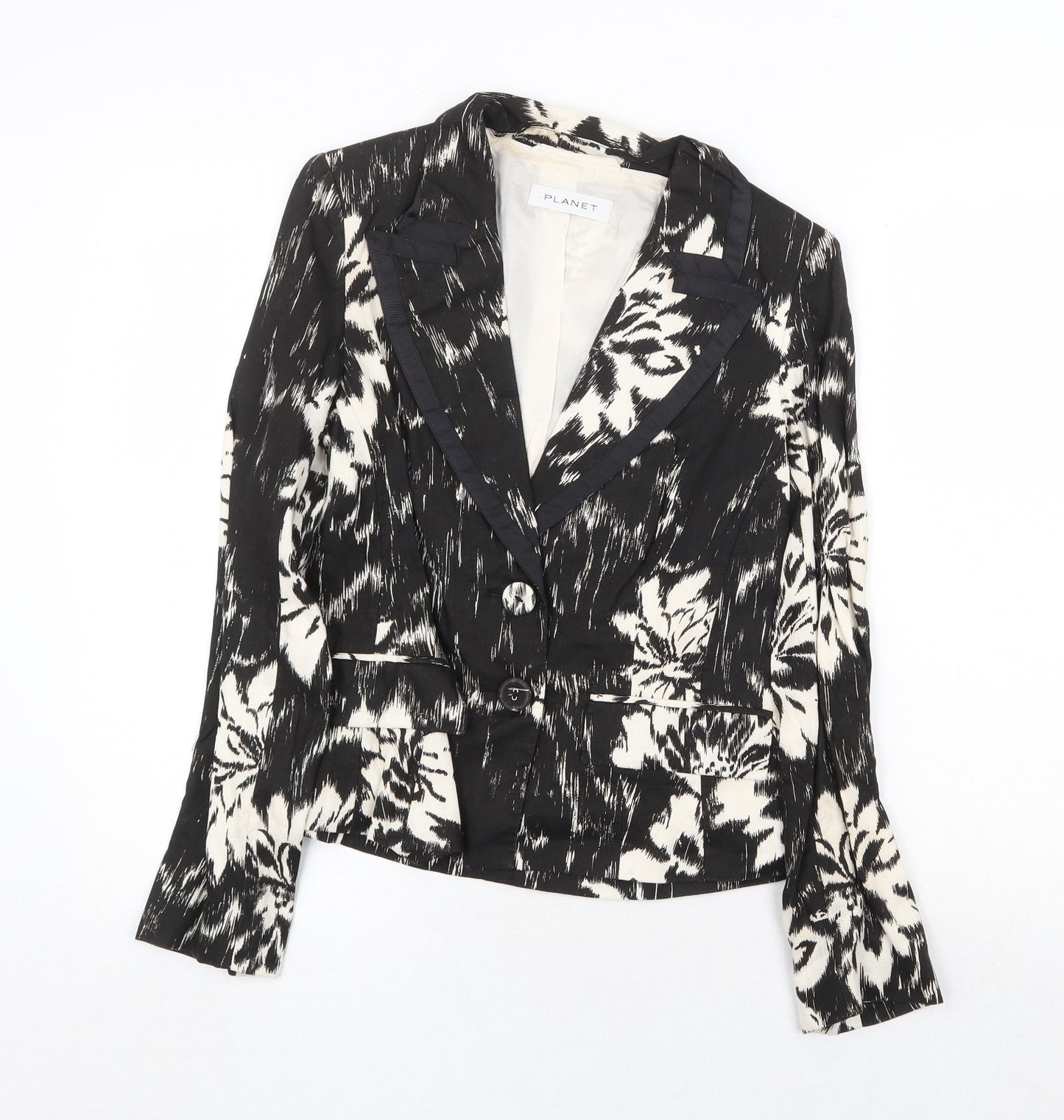 Planet Womens Black Geometric Jacket Blazer Size 8 Button