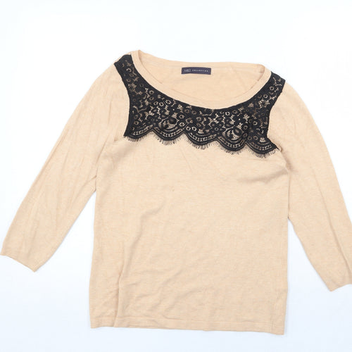 Marks and Spencer Womens Beige Round Neck Viscose Pullover Jumper Size 10 - Lace Detail