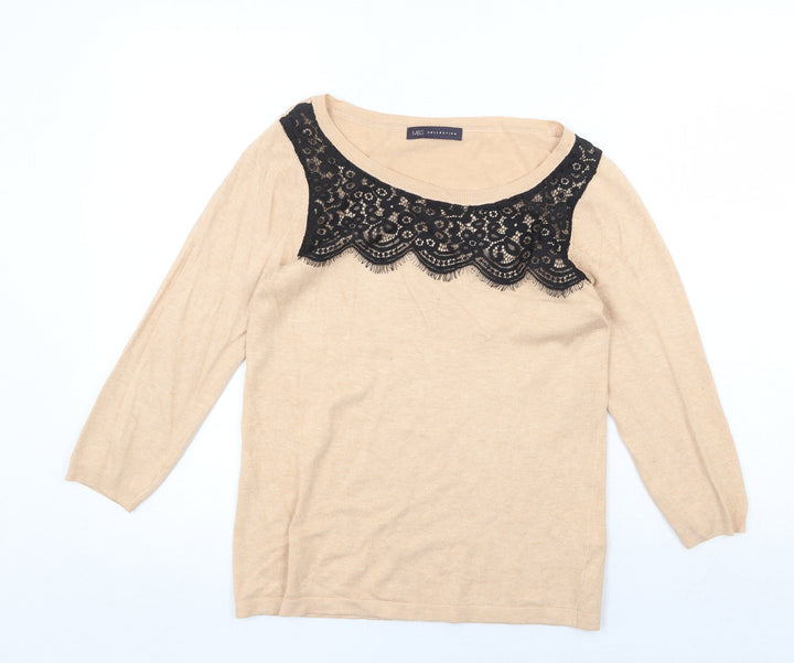 Marks and Spencer Womens Beige Round Neck Viscose Pullover Jumper Size 10 - Lace Detail