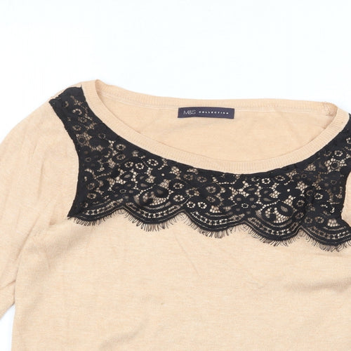 Marks and Spencer Womens Beige Round Neck Viscose Pullover Jumper Size 10 - Lace Detail