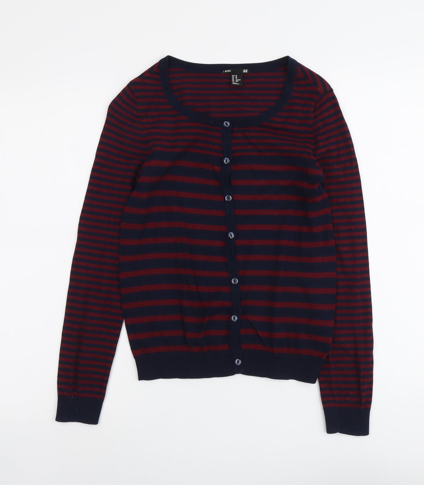 H&M Womens Blue Scoop Neck Striped Cotton Cardigan Jumper Size XS
