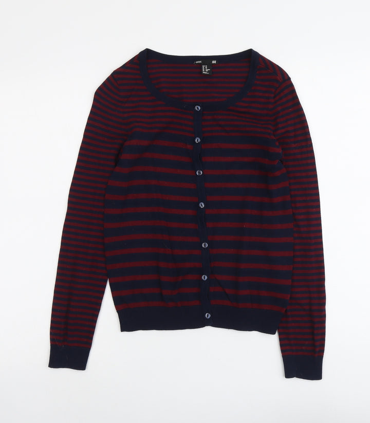 H&M Womens Blue Scoop Neck Striped Cotton Cardigan Jumper Size XS