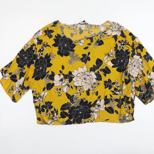 New Look Womens Yellow Floral Viscose Basic Blouse Size 12 Round Neck