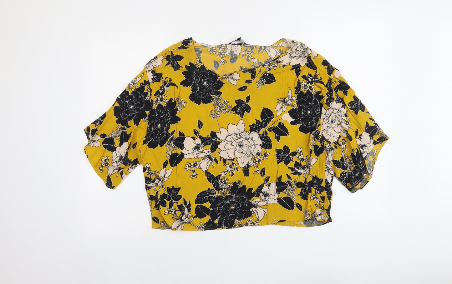 New Look Womens Yellow Floral Viscose Basic Blouse Size 12 Round Neck