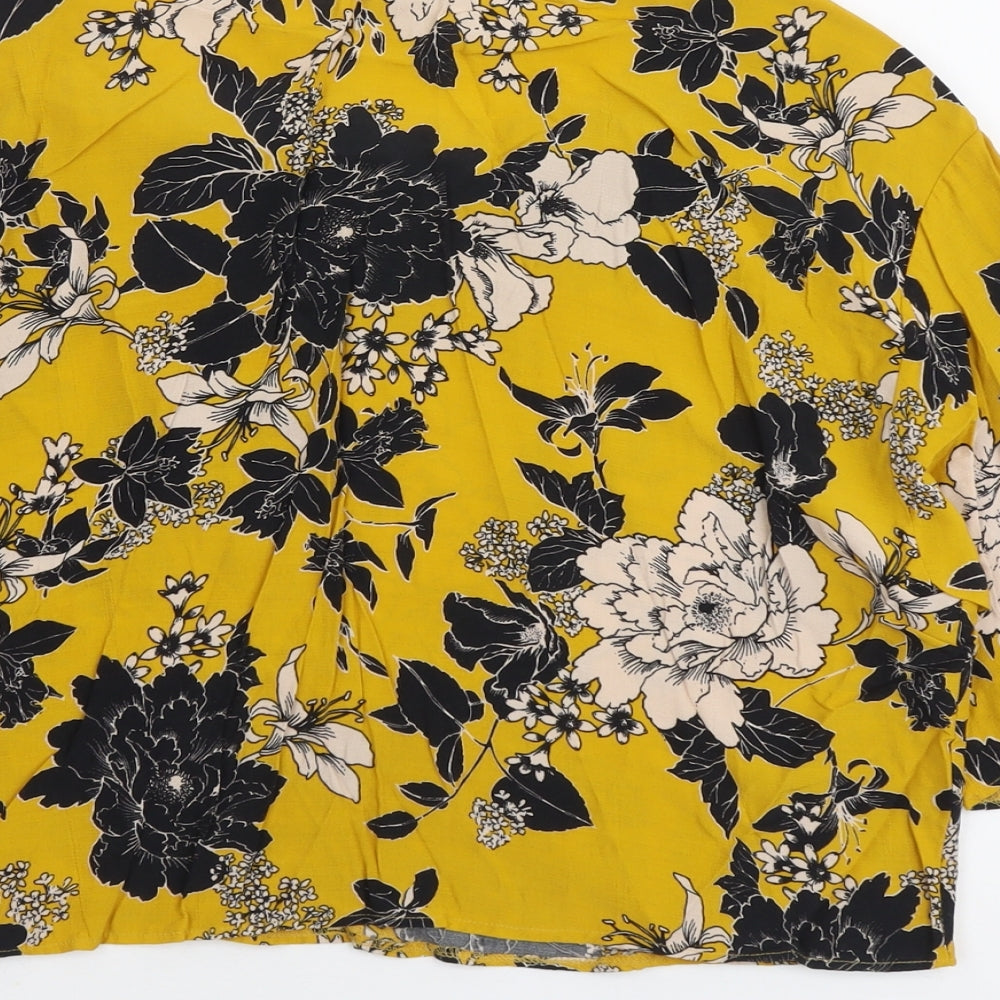 New Look Womens Yellow Floral Viscose Basic Blouse Size 12 Round Neck