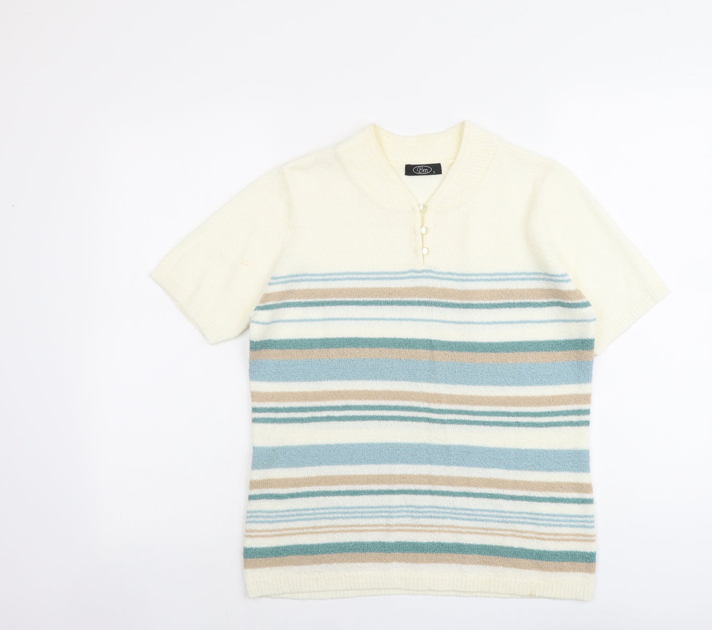 Bonmarché Womens Ivory V-Neck Striped Acrylic Pullover Jumper Size S