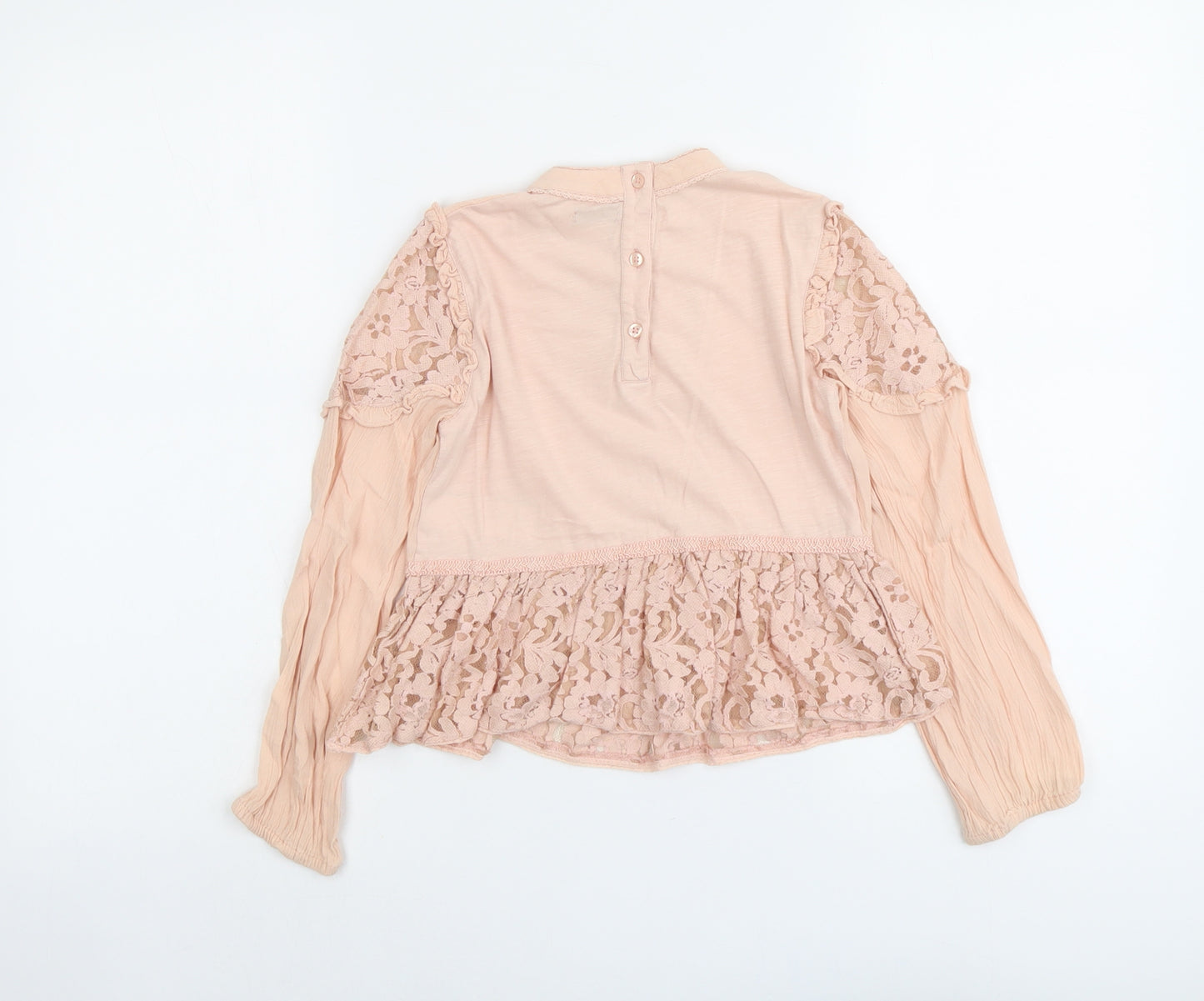 NEXT Girls Pink Cotton Basic Blouse Size 7 Years Round Neck Button - Lace Details