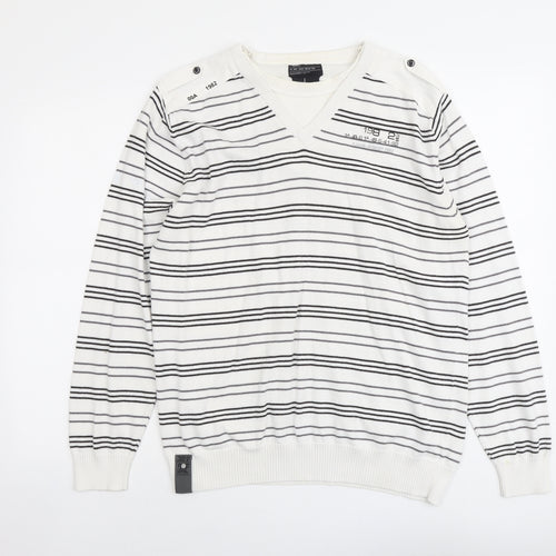 NEXT Mens White V-Neck Striped Cotton Pullover Jumper Size L Long Sleeve