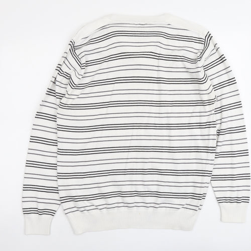 NEXT Mens White V-Neck Striped Cotton Pullover Jumper Size L Long Sleeve