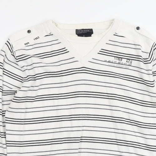 NEXT Mens White V-Neck Striped Cotton Pullover Jumper Size L Long Sleeve