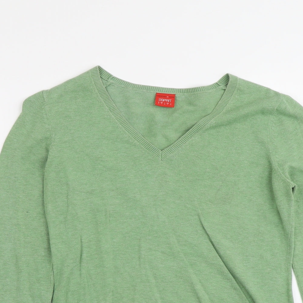Esprit Womens Green V-Neck Cotton Pullover Jumper Size S