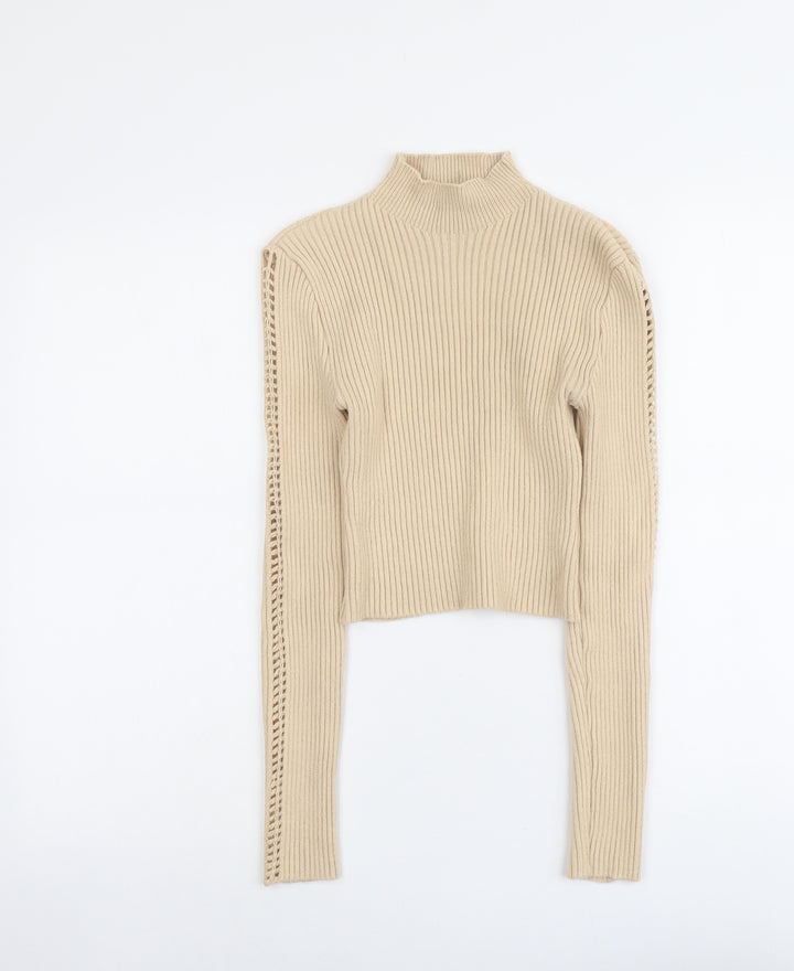 PRETTYLITTLETHING Womens Beige High Neck Viscose Pullover Jumper Size L