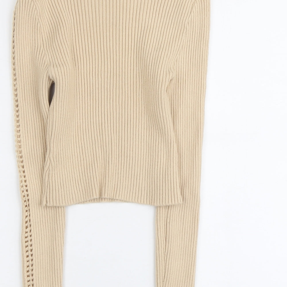 PRETTYLITTLETHING Womens Beige High Neck Viscose Pullover Jumper Size L