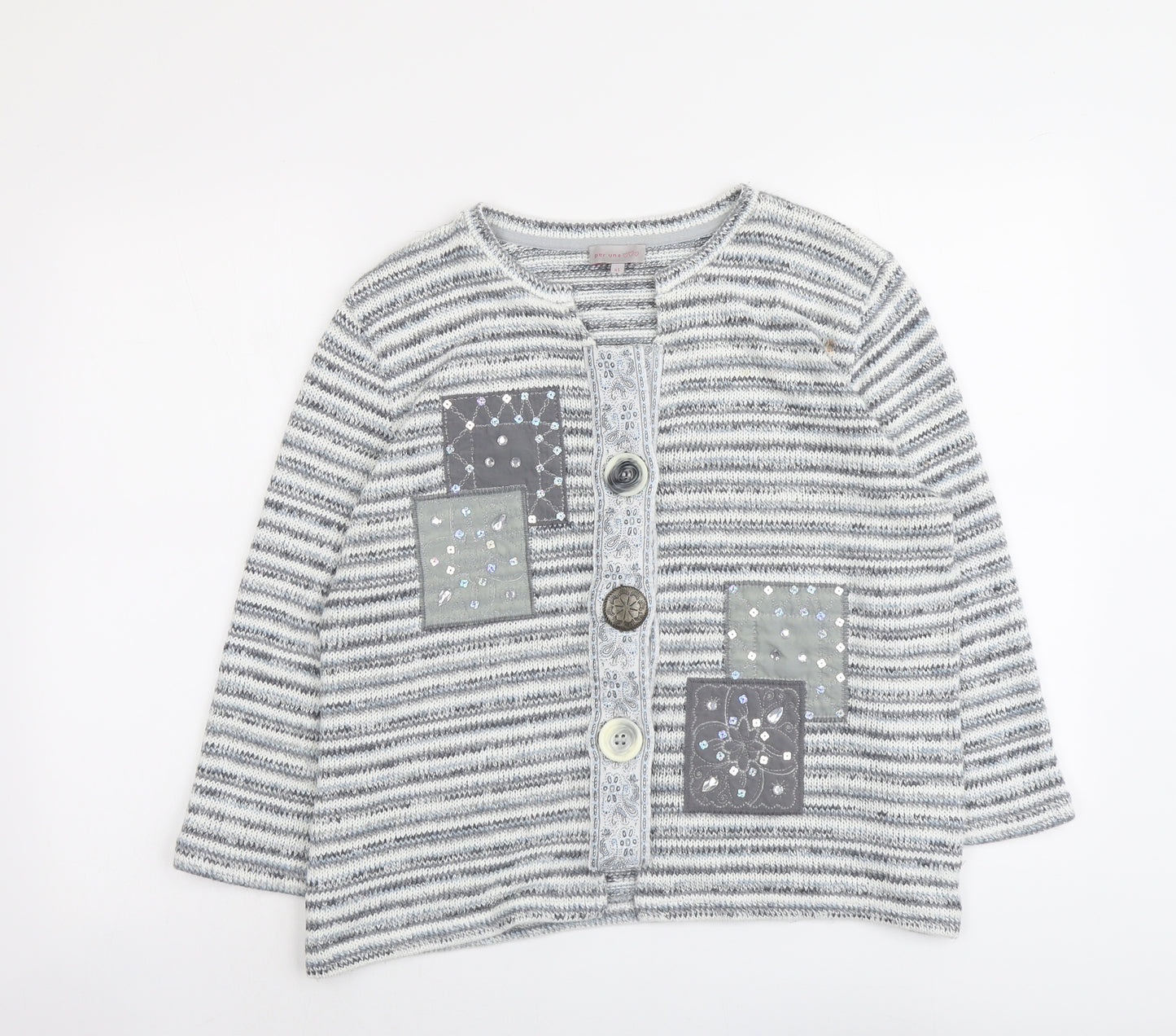 Per Una Womens Grey Boat Neck Striped Acrylic Cardigan Jumper Size XL
