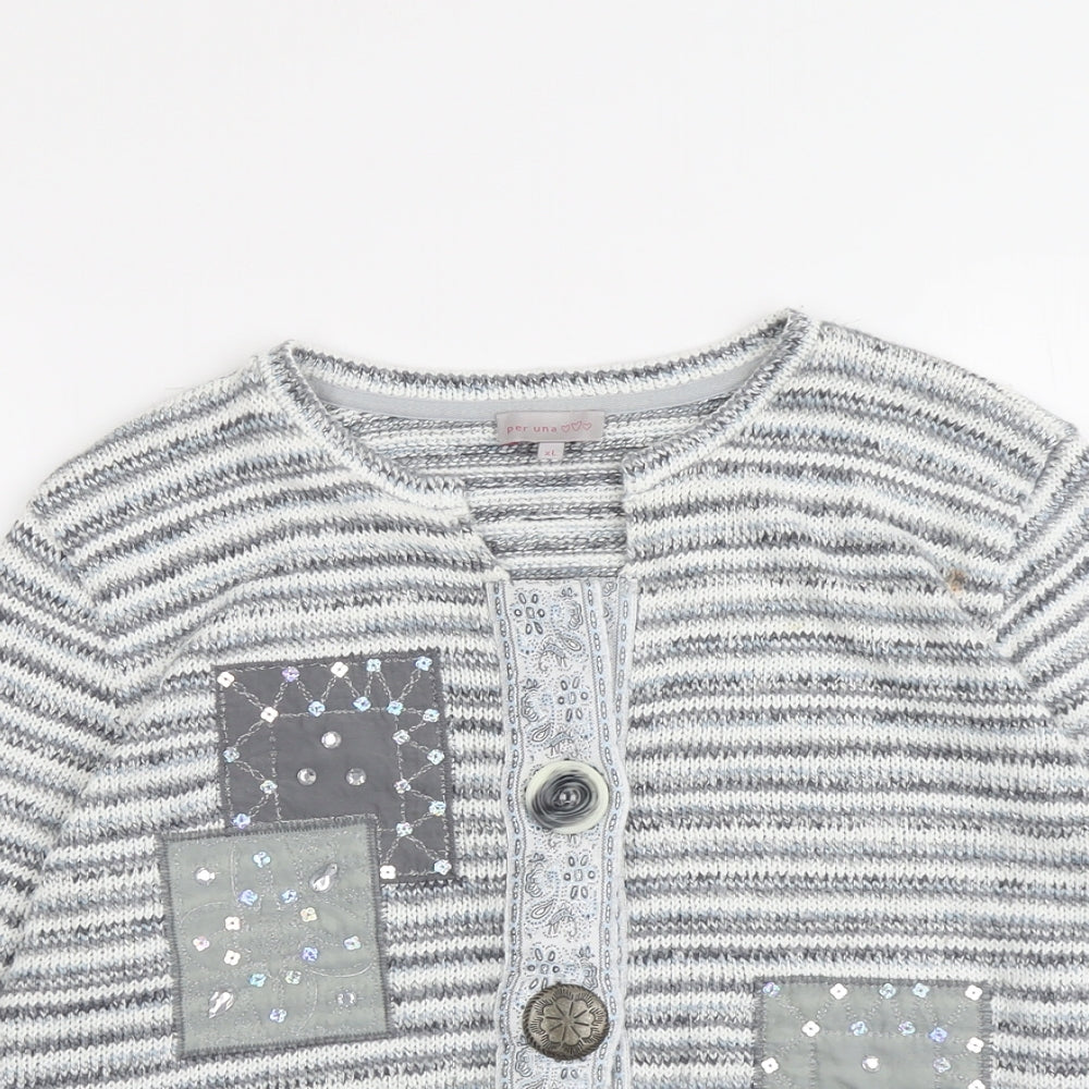 Per Una Womens Grey Boat Neck Striped Acrylic Cardigan Jumper Size XL