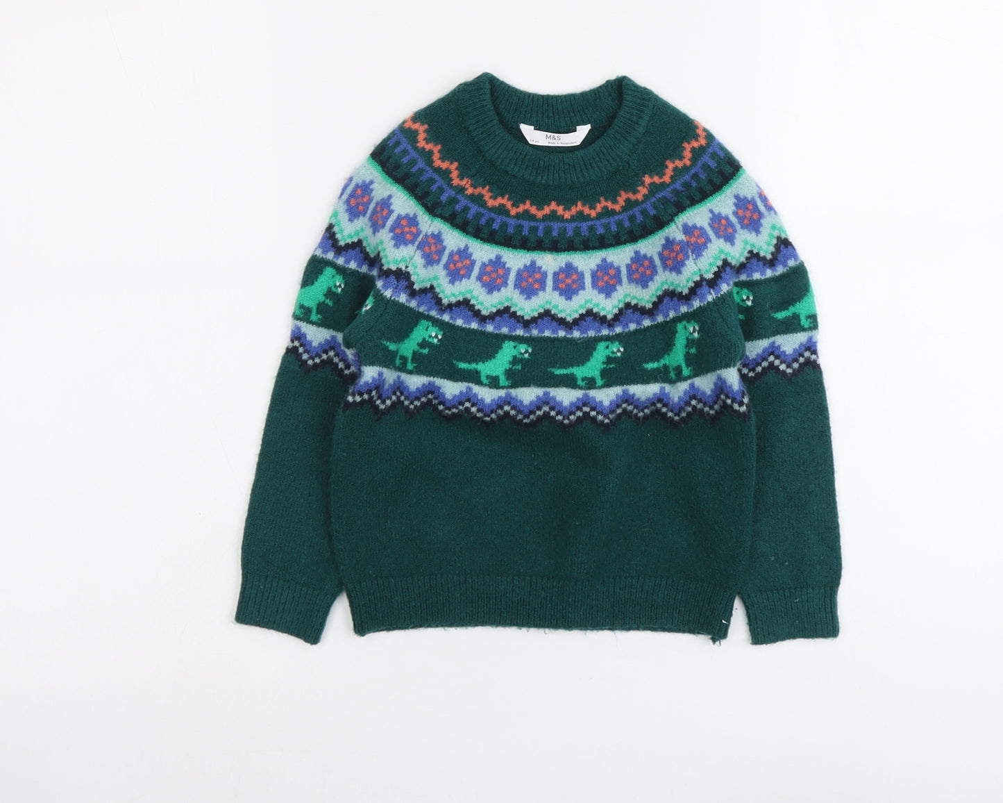 Marks and Spencer Boys Green Round Neck Fair Isle Acrylic Pullover Jumper Size 3-4 Years Pullover - Dinosaur Pattern