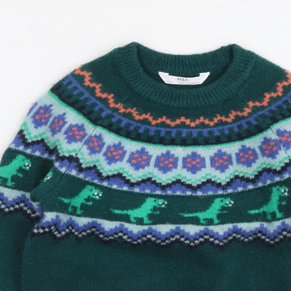 Marks and Spencer Boys Green Round Neck Fair Isle Acrylic Pullover Jumper Size 3-4 Years Pullover - Dinosaur Pattern