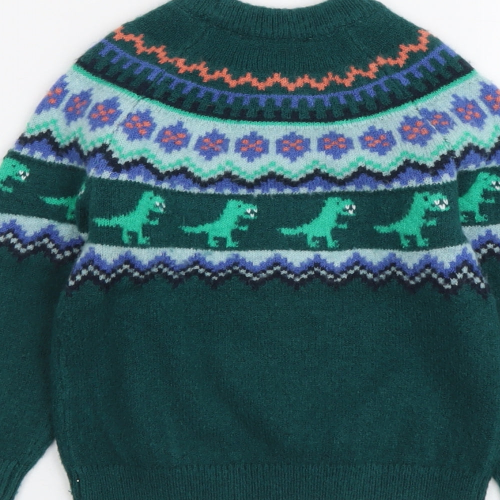 Marks and Spencer Boys Green Round Neck Fair Isle Acrylic Pullover Jumper Size 3-4 Years Pullover - Dinosaur Pattern