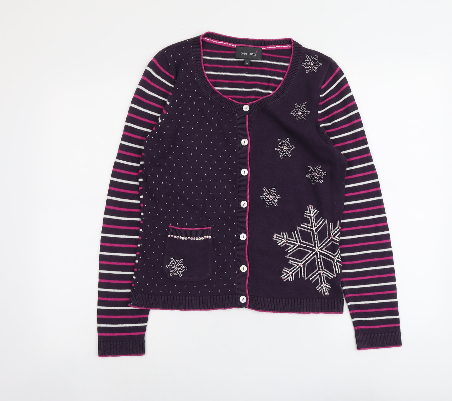 Per Una Womens Purple Scoop Neck Striped Cotton Cardigan Jumper Size 12 - Snowflakes
